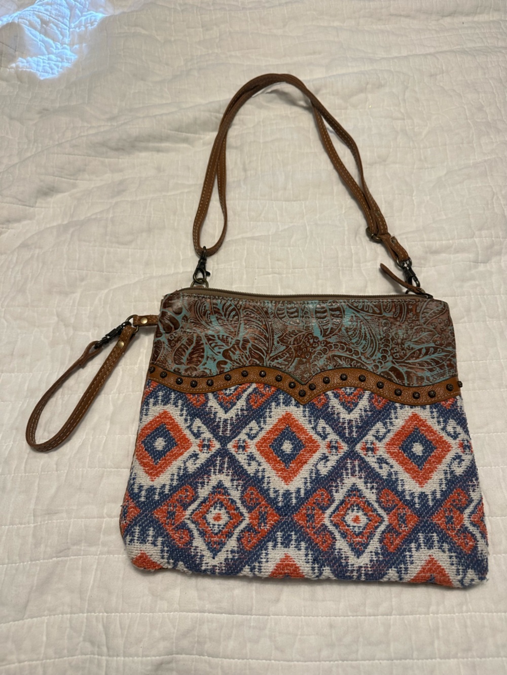 Myra Bag Brown & Blue Orange Aztec Crossbody